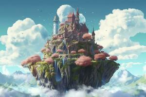 AI generated Ancient Heavenly Floating island in the sky with a castle, vibrant, fantasypunk, AI Generative photo