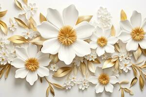 AI generated 3d gold flowers white backgroung. AI Generated photo