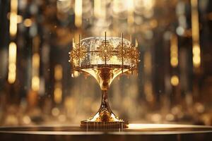 AI generated The golden monstrance with a little transparent crystal center, consecrated host. church defocused background. AI Generative photo