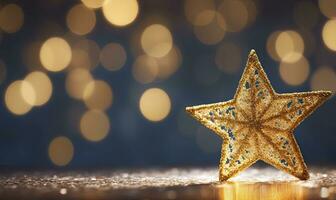 AI generated Sparkling Golden Christmas Star. Ornament Decoration Defocused Bokeh Background. AI Generated photo