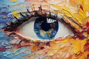 AI generated Fluorite oil painting. Conceptual abstract picture of the eye. Oil painting in colorful colors. Conceptual abstract closeup of an oil painting and palette knife on canvas. AI Generative photo