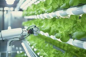 AI generated Automatic Agricultural Technology With Close-up View Of Robotic Arm Harvesting Lettuce In Vertical Hydroponic Plant. AI Generated photo