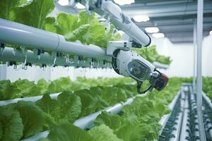 AI generated Automatic Agricultural Technology With Close-up View Of Robotic Arm Harvesting Lettuce In Vertical Hydroponic Plant. AI Generated photo