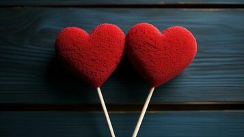 AI generated two red heart shaped lollipops on wooden sticks photo