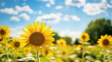 ai generado un girasol es en un campo con un azul cielo foto