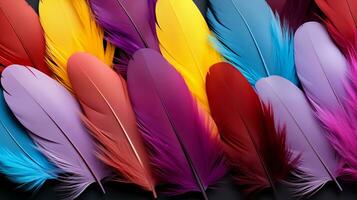 AI generated colorful feathers on black background photo