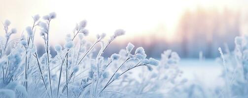 AI generated Frozen snowy grass, winter natural abstract background. beautiful winter landscape. AI Generated photo