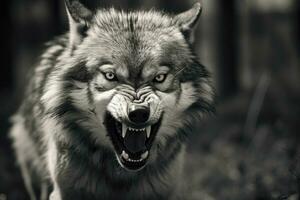 AI generated Greyscale closeup shot of an angry wolf with a blurred background. AI Generated photo