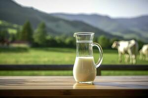 AI generated Glass pitcher with fresh milk on a wooden table. AI Generated photo