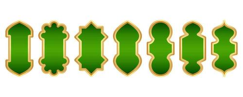 Ramadan golden frame. Islamic window shape. Arabic vector arch. Muslim vintage border for design with green background. Indian decoration in oriental style.