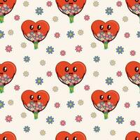 Valentines day groovy seamless patterns. Vintage heart in trendy groovy style with a bouquet of daisies flowers vector