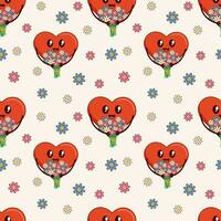 Valentines day groovy seamless patterns. Vintage heart in trendy groovy style with a bouquet of daisies flowers vector