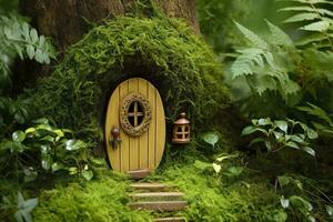 AI generated Little magic wooden fairy doors and plants leave on a mossy natural green background. AI Generated photo