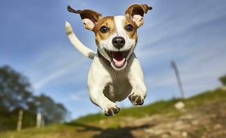 AI generated Jack Russel Parson Dog Run Toward The Camera Low Angle High Speed Shot. AI Generated photo