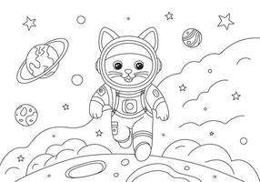 Coloring page with running astronaut cat and planets in space. vector