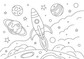 Coloring page with flying rocket and planets in space. Hand drawn vector contoured black and white illustration.