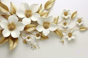 AI generated 3d gold flowers white backgroung. AI Generated photo