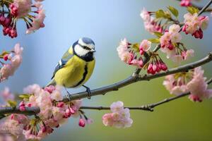 ai generado un bluetit pájaro descansando en el rama de un árbol. ai generado. foto