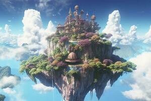 AI generated Ancient Heavenly Floating island in the sky with a castle, vibrant, fantasypunk, AI Generative photo