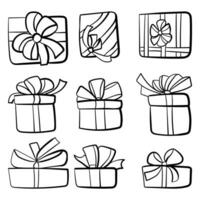 Set of doodle gift boxes with bows, party supplies outline top and side view vector