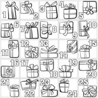 Simple outline advent calendar with dates and gifts, holiday activity coloring page for Christmas vector