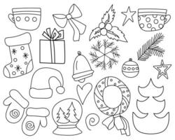 Christmas outline doodle set, holiday symbols and objects vector