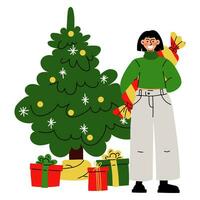 Navidad ilustración en cuales un niña sostiene un regalo en el formar de un caramelo detrás su espalda en contra el antecedentes de un Navidad árbol. es hora a dar regalos. vector. alegre Navidad, contento nuevo año vector