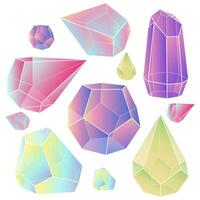 A set of vector illustrations of a collection of crystal multicolored gems. Broken transparent crystal shapes, jewelry stones with edges and shadows on a white background. Easy transparency. gradient