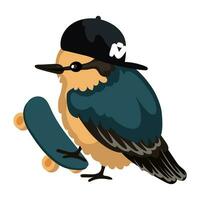 un gorrión o un pájaro en un gorra. un de moda pájaro en un patineta. vector ilustración de un aislado pájaro con un gorra y un patineta, en pie participación un patinar en un blanco antecedentes. un deportivo pájaro