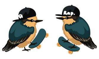 Set of sparrows or birds in caps. A fashionable bird on a skateboard. Vector illustration of an isolated bird with a cap and a skateboard, standing, riding on a white background. A sporting bird