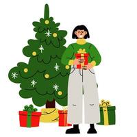 Christmas illustration in which a girl holds a gift against the background of a Christmas tree. It's time to give gifts. Presentation of a gift. Vector. Surprises. Merry Christmas and Happy New Year vector