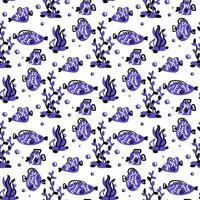 Seamless background with decorative purple small fish. Marine theme with fish and algae floating in different directions. Bright elements on a white background. Color spots, contour. Ornament Printing vector