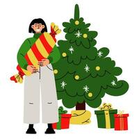 Christmas illustration in which a girl holds a gift in the form of a candy against the background of a Christmas tree. It's time to give gifts. Vector. Surprises. Merry Christmas, Happy New Year vector