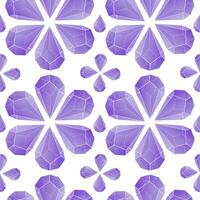 Crystal seamless pattern. Bright purple gradient transparent gems and crystals on a white background. Vector illustration. Packaging for a gift. A bright cycle of jewels. Symmetrical ornament