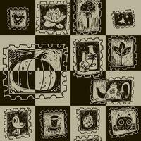 A set with Halloween elements in the doodle style. Geometric poster with elements of autumn. Pumpkin, cup, teapot, stars, leaves, lily, cat in geometric shapes. Doodle objects in geometric shapes vector