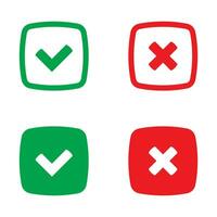 Green tick and red cross checkmarks in flat icons. Yes or no symbol, approved or rejected icon for user interface. vector