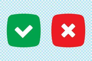 Green tick and red cross checkmarks in flat icons. Yes or no symbol, approved or rejected icon for user interface. vector