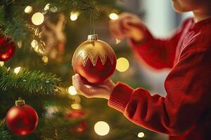 ai generado niño decorando Navidad árbol de cerca. ai generado foto