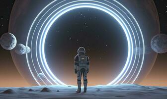 AI generated Astronaut in front of dimensional portal.  AI Generated. photo