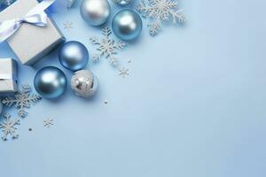 AI generated Christmas Eve concept. Top view photo of blue and silver baubles snowflake ornaments stylish present boxes and confetti. AI Generated