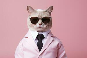 AI generated A cat is wearing sunglasses and suit on Pink Background. AI Generated photo