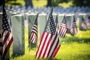 AI generated Military Headstones and Gravestones Decorated With Flags for Memorial Day.  AI Generated photo