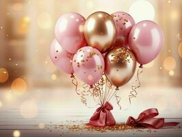 AI generated Stylish red and gold metallic red and gold balloons with confetti. Valentine's day, international women's day, romantic background photo