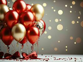 AI generated Stylish red and gold metallic red and gold balloons with confetti. Valentine's day, international women's day, romantic background photo