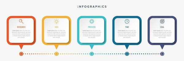 Modern business infographic template, square shape with 5 options or steps icons. vector