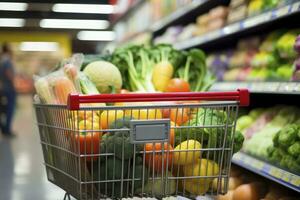 AI generated Close up of full shopping cart in grocery store. AI Generated photo