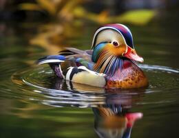 AI generated Closeup of mandarin duck swimming in lake. generative AI. photo