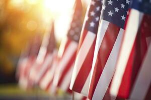 AI generated Closeup of an American flag in a row. memorial day photo