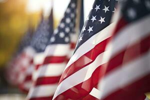 AI generated Closeup of an American flag in a row. memorial day photo