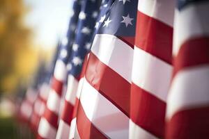 AI generated Closeup of an American flag in a row. memorial day photo